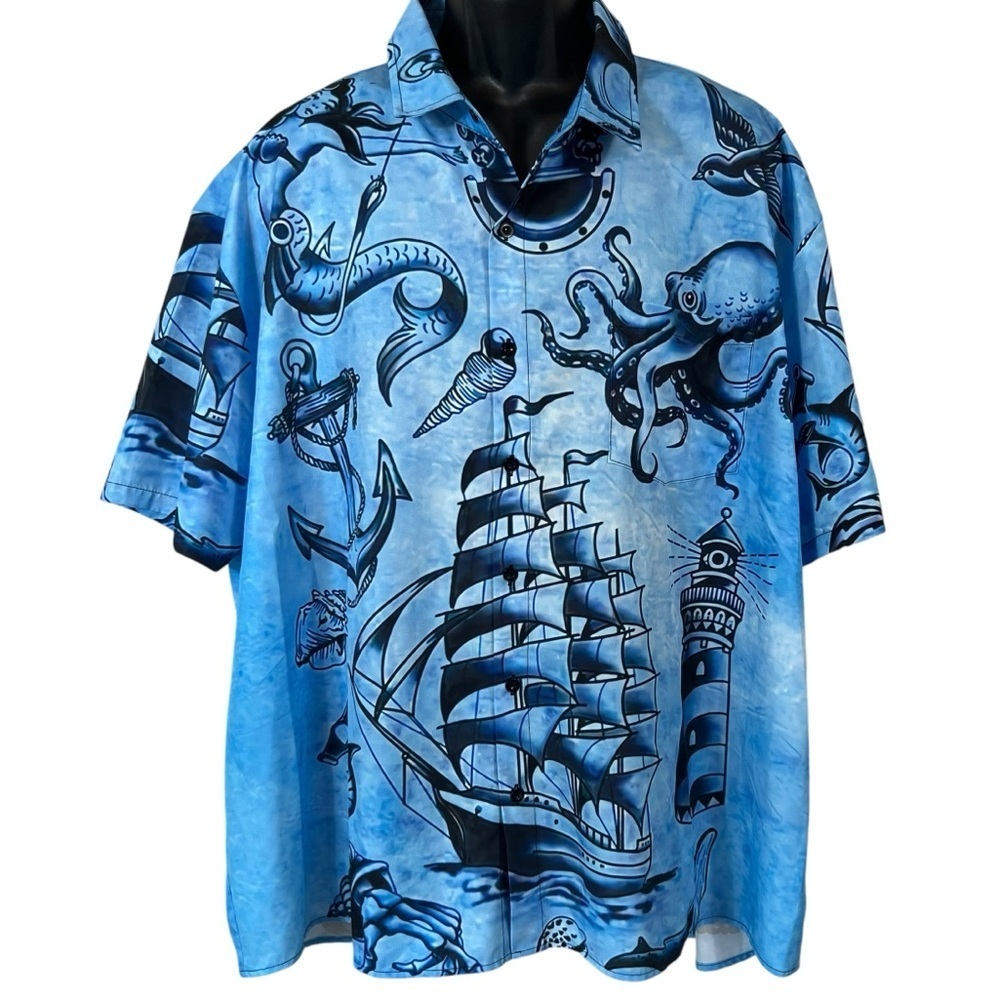 HarDaddy Mermaid Chest Pocket Short Sleeve Casual Hawaiian Shirt
